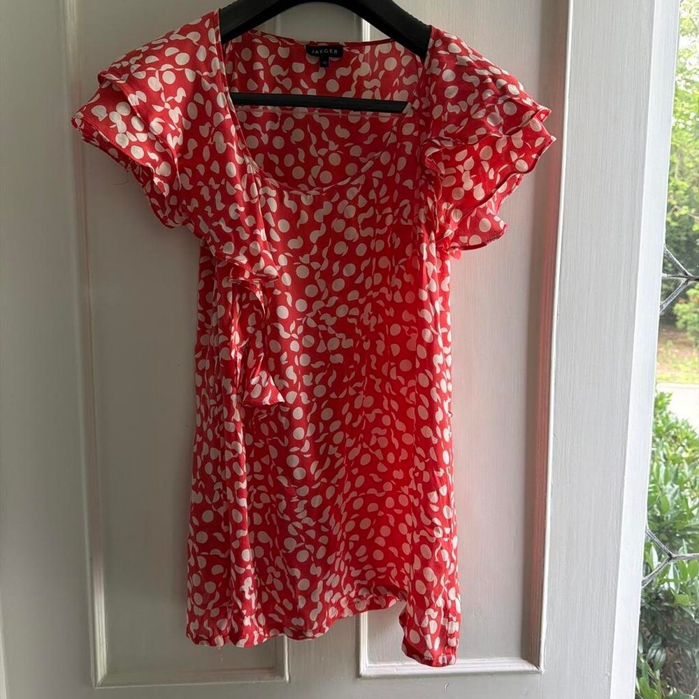 Pink & white Jaeger polka dot silk shirt with ruffle sleeves #polkadot #ruffles